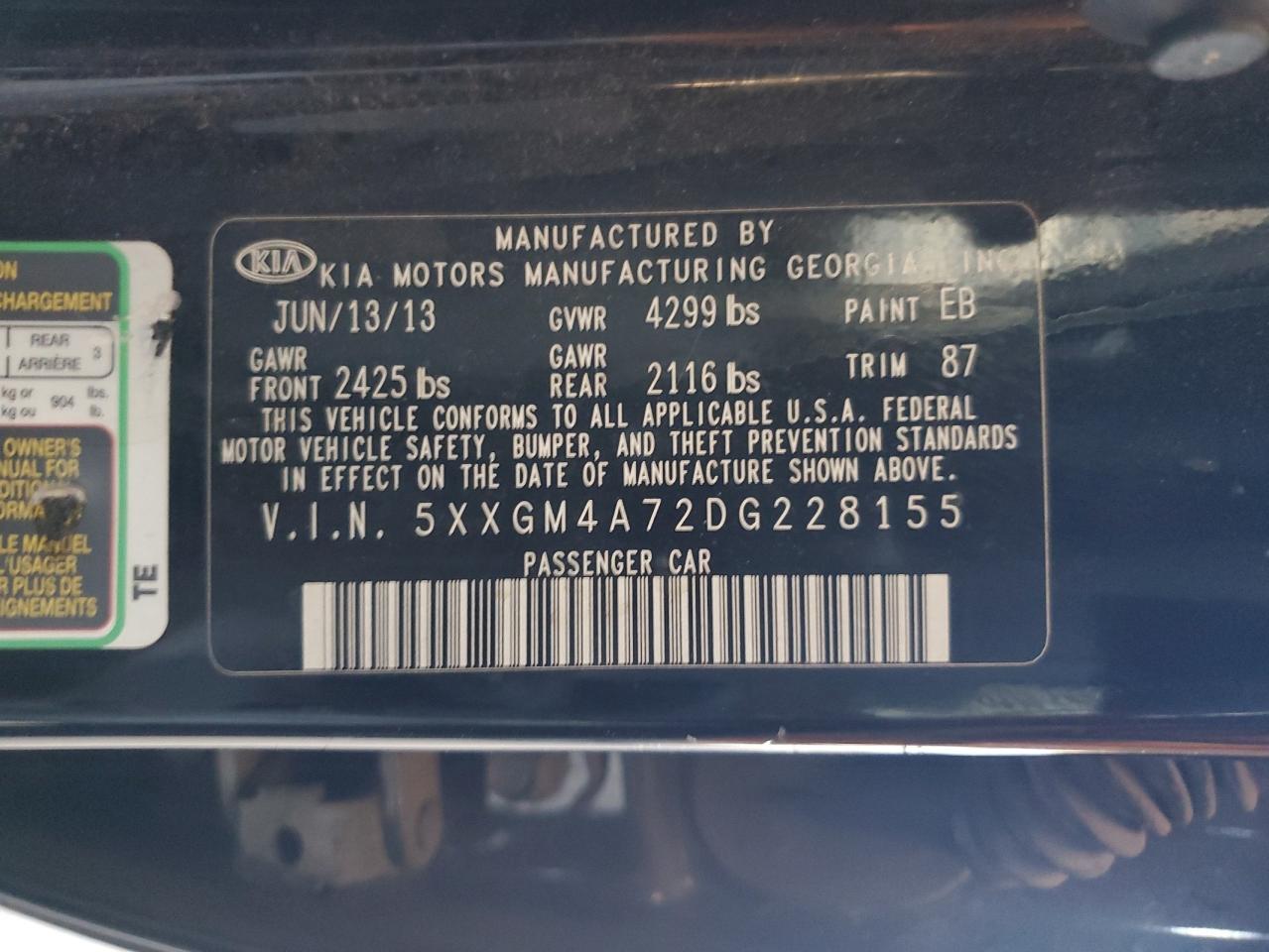 5XXGM4A72DG228155 2013 Kia Optima Lx