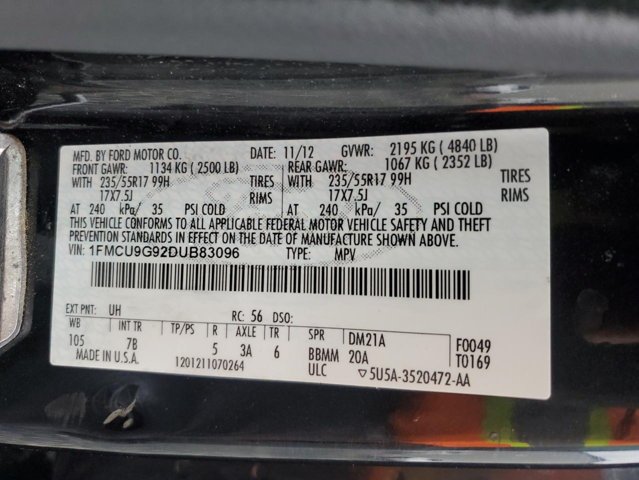 1FMCU9G92DUB83096 2013 Ford Escape Se