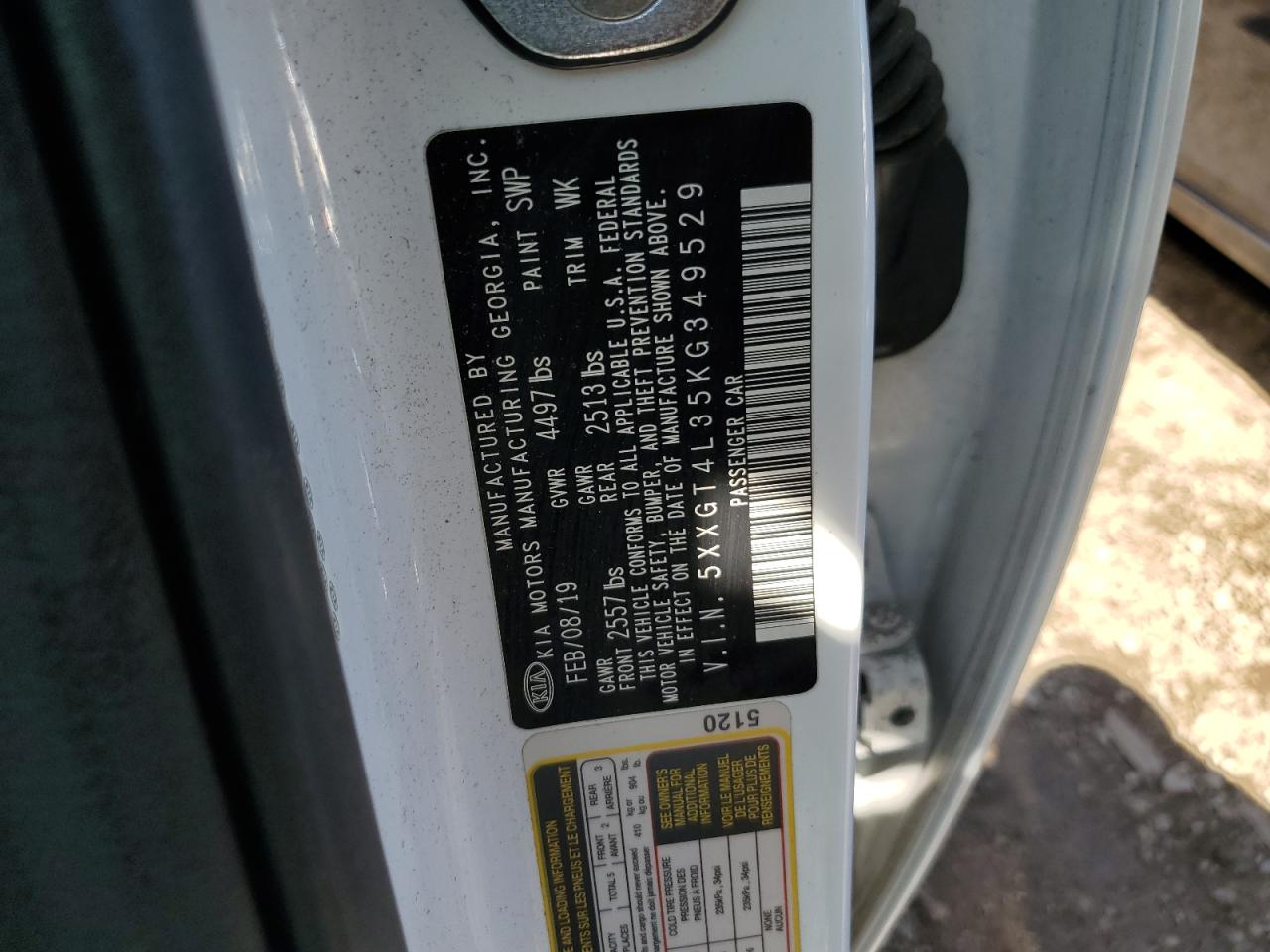 5XXGT4L35KG349529 2019 Kia Optima Lx