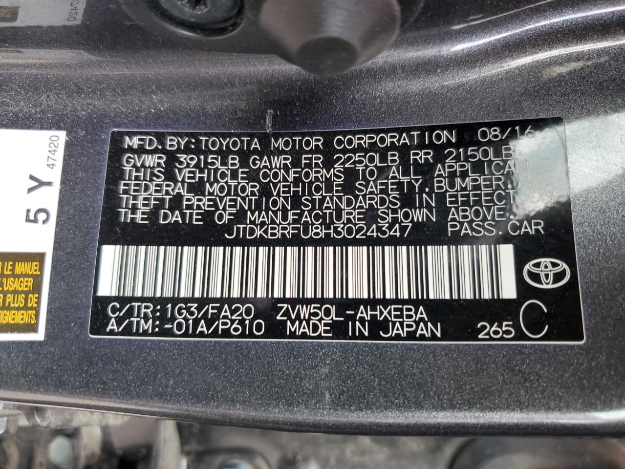 JTDKBRFU8H3024347 2017 Toyota Prius