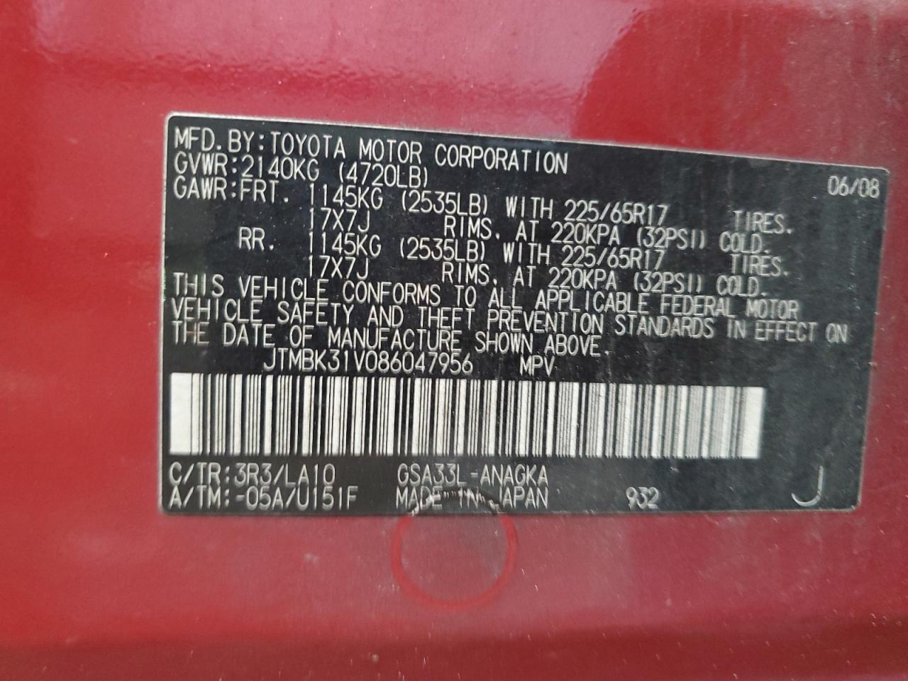 JTMBK31V086047956 2008 Toyota Rav4 Limited