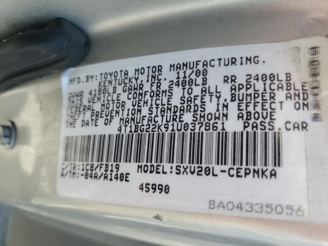 4T1BG22K91U037861 2001 Toyota Camry Ce