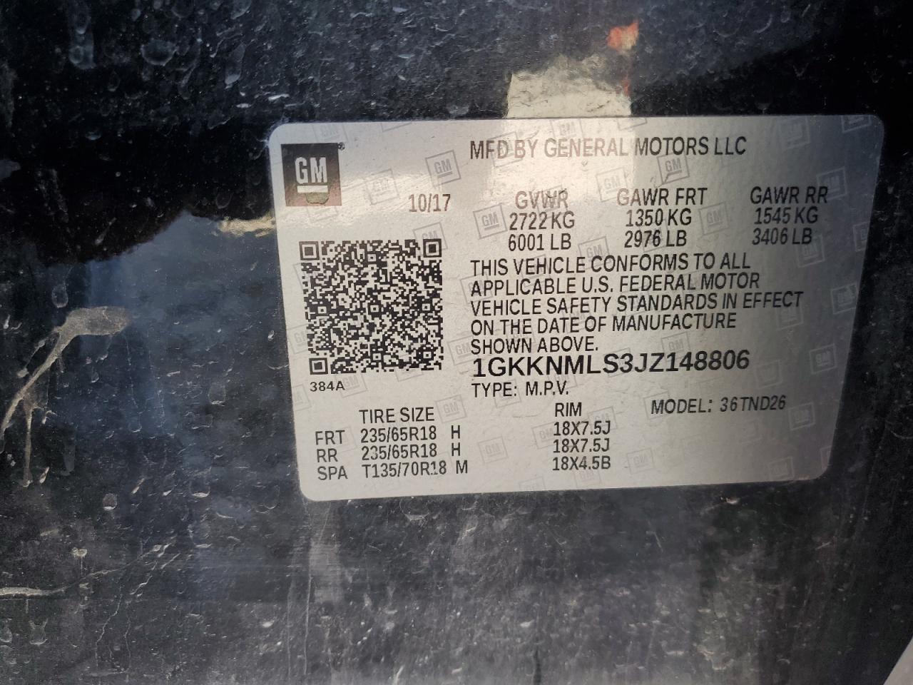 1GKKNMLS3JZ148806 2018 GMC Acadia Slt-1