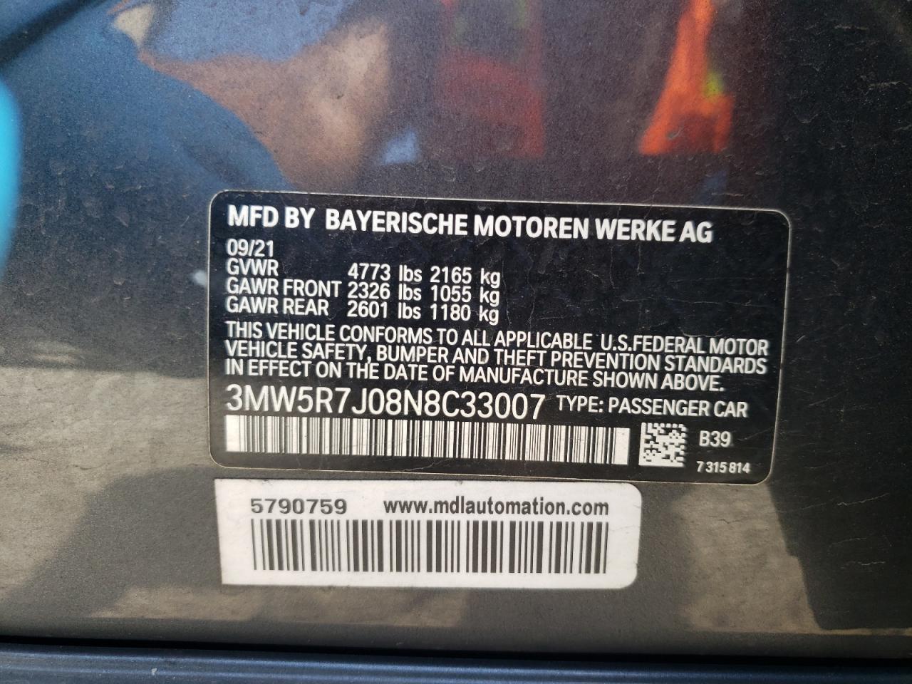 3MW5R7J08N8C33007 2022 BMW 330Xi