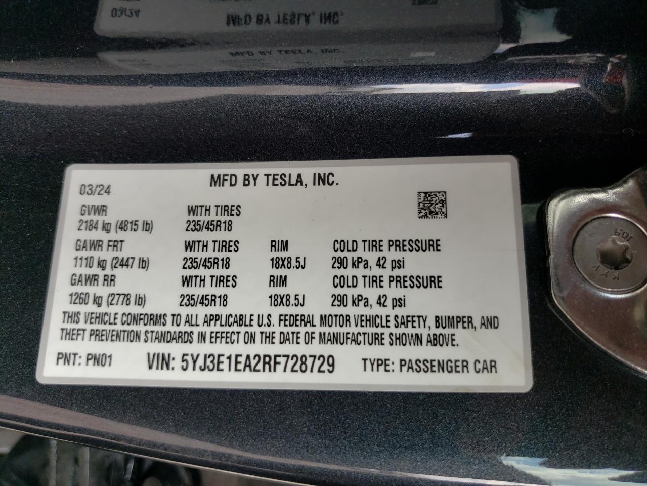 5YJ3E1EA2RF728729 2024 Tesla Model 3