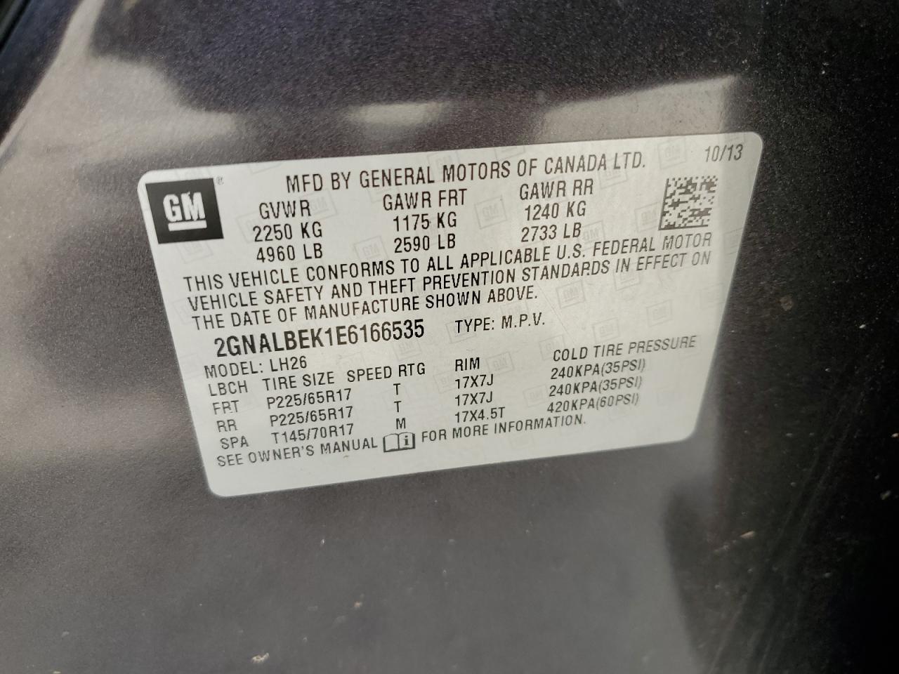 2GNALBEK1E6166535 2014 Chevrolet Equinox Lt