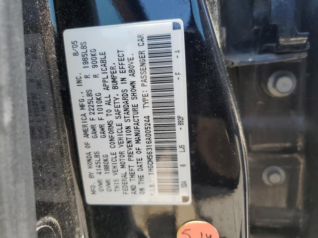 1HGCM56316A005244 2006 Honda Accord Se