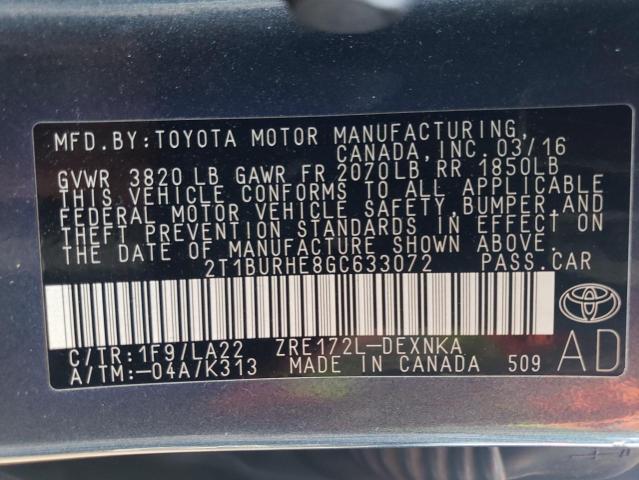 2016 Toyota Corolla L VIN: 2T1BURHE8GC633072 Lot: 55227454