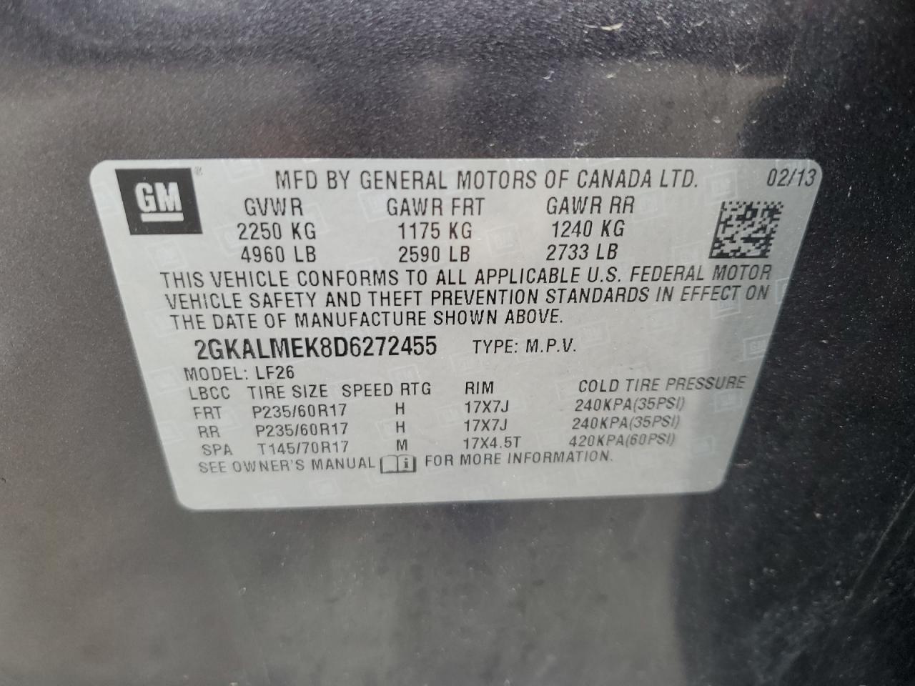 2GKALMEK8D6272455 2013 GMC Terrain Sle