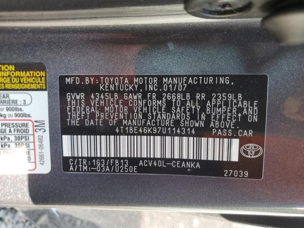 4T1BE46K97U114314 2007 Toyota Camry Ce