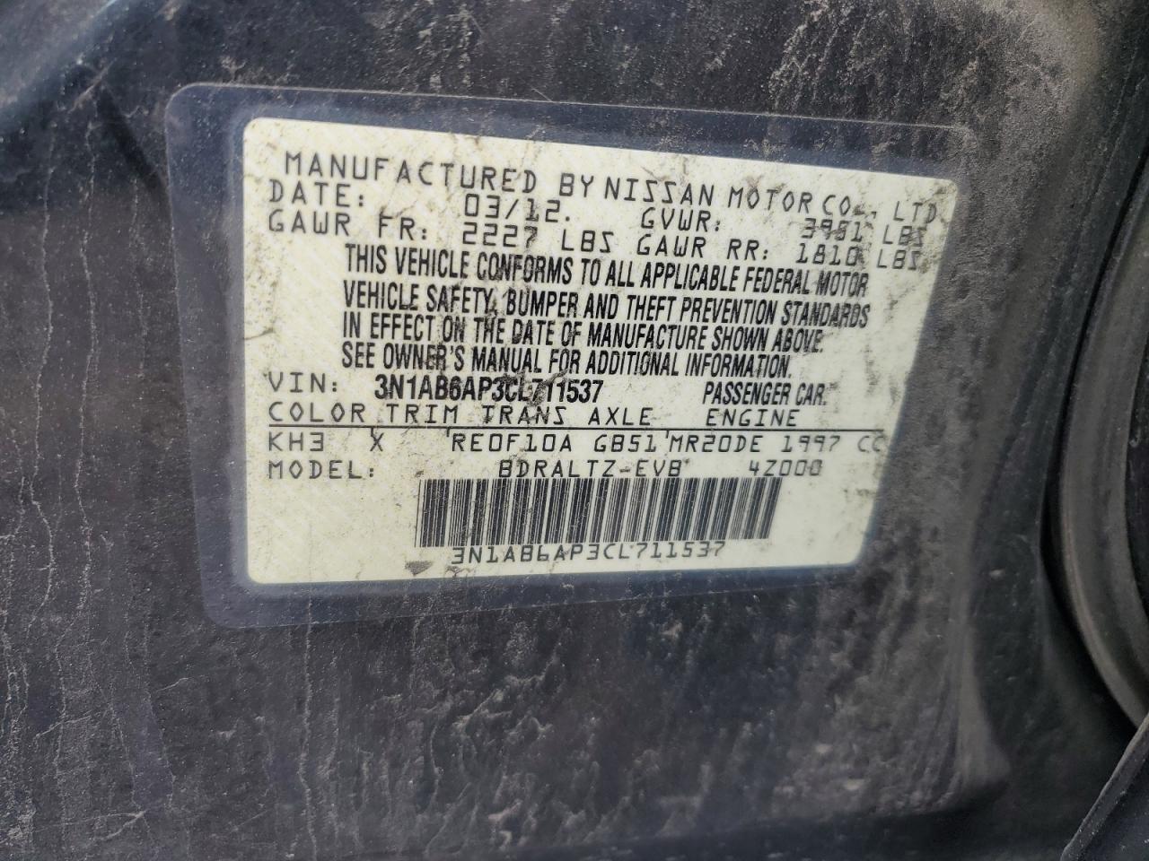 3N1AB6AP3CL711537 2012 Nissan Sentra 2.0