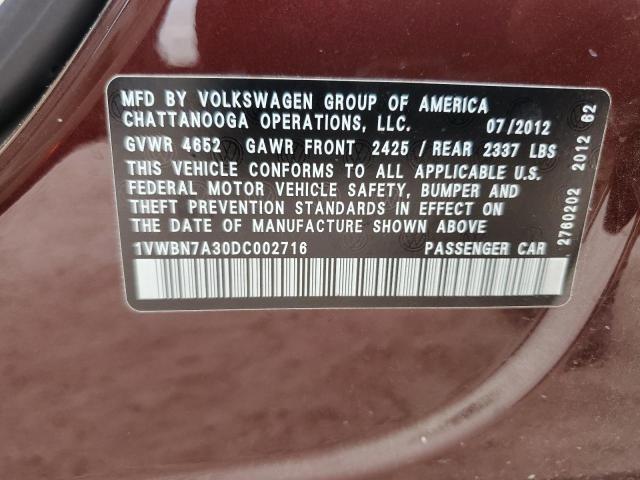 2013 Volkswagen Passat Se VIN: 1VWBN7A30DC002716 Lot: 56522644