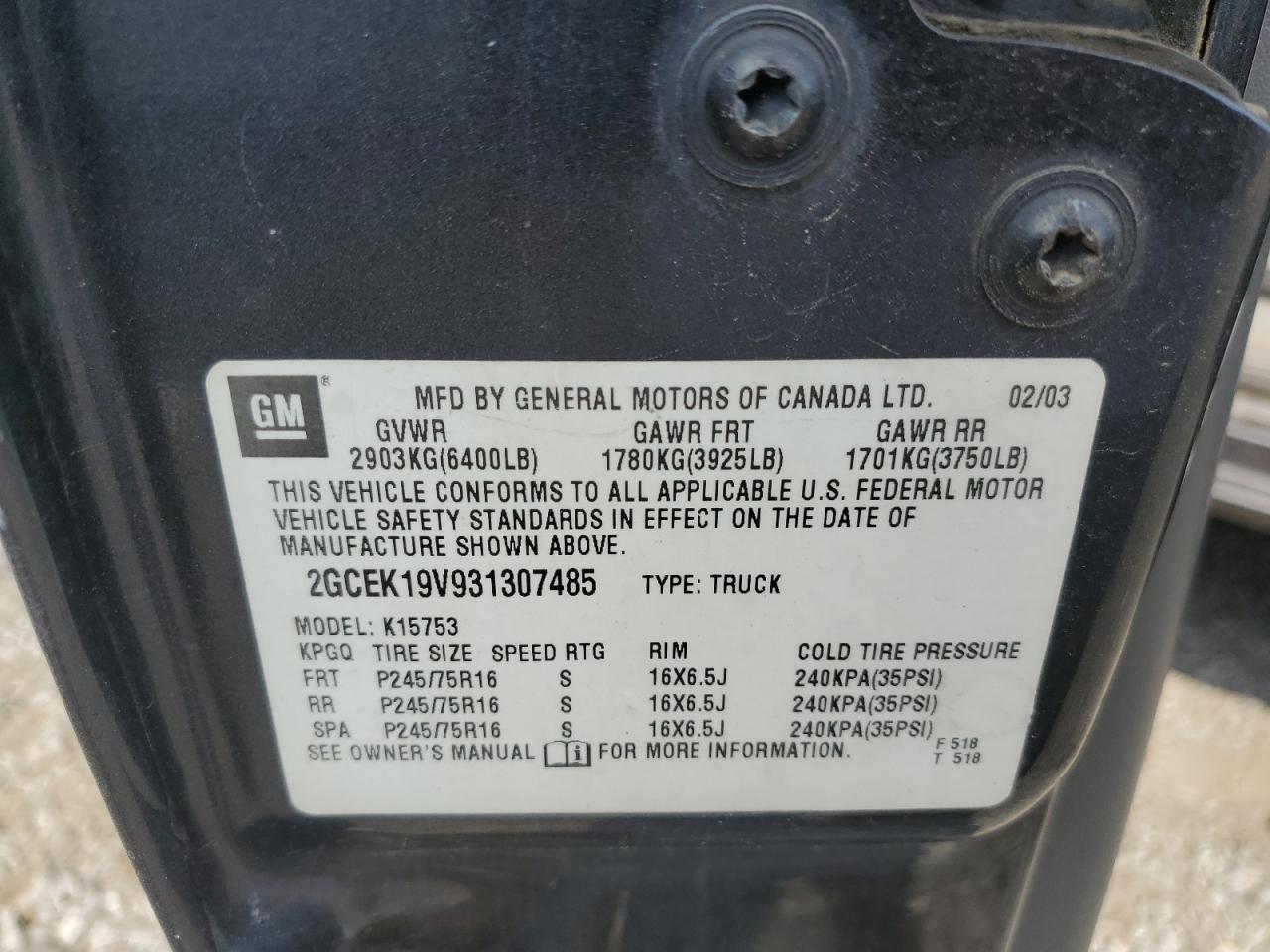 2GCEK19V931307485 2003 Chevrolet Silverado K1500