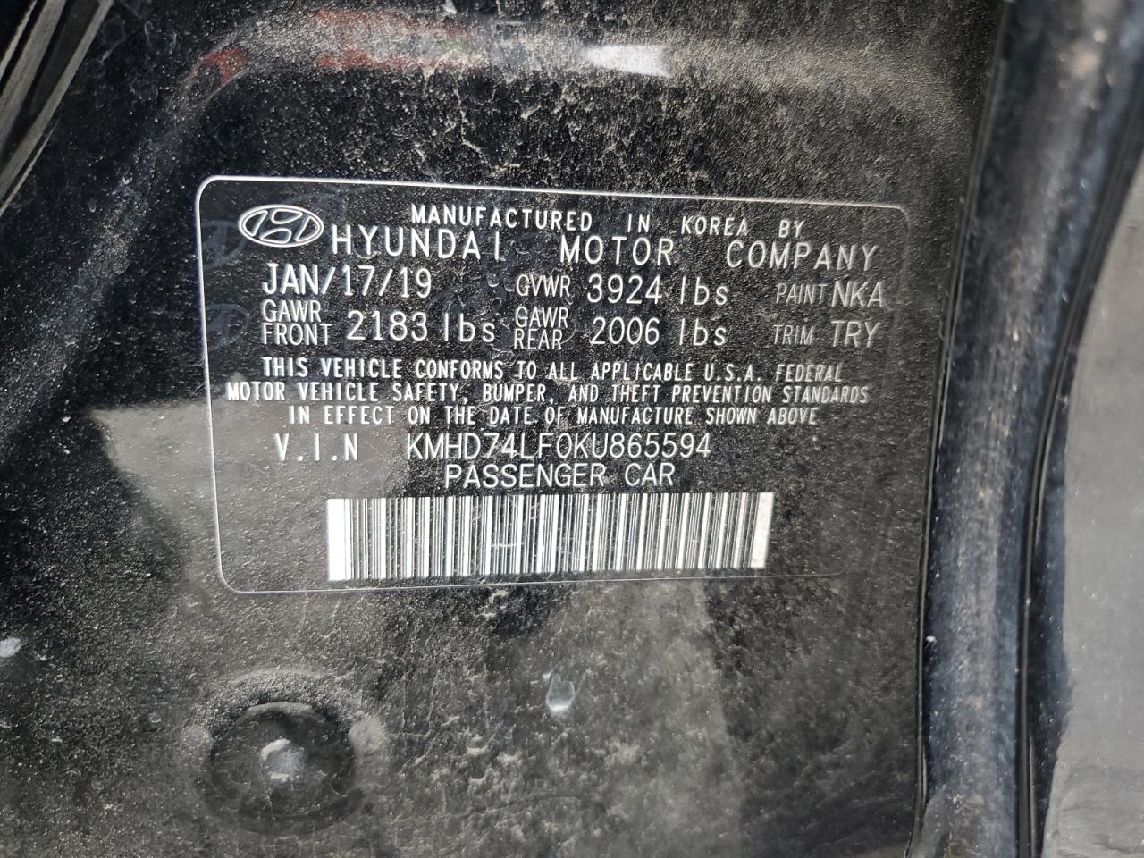 KMHD74LF0KU865594 2019 Hyundai Elantra Se