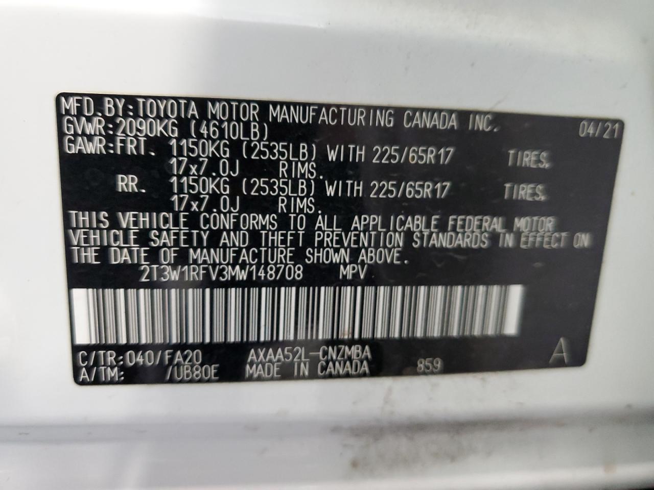 2T3W1RFV3MW148708 2021 Toyota Rav4 Xle