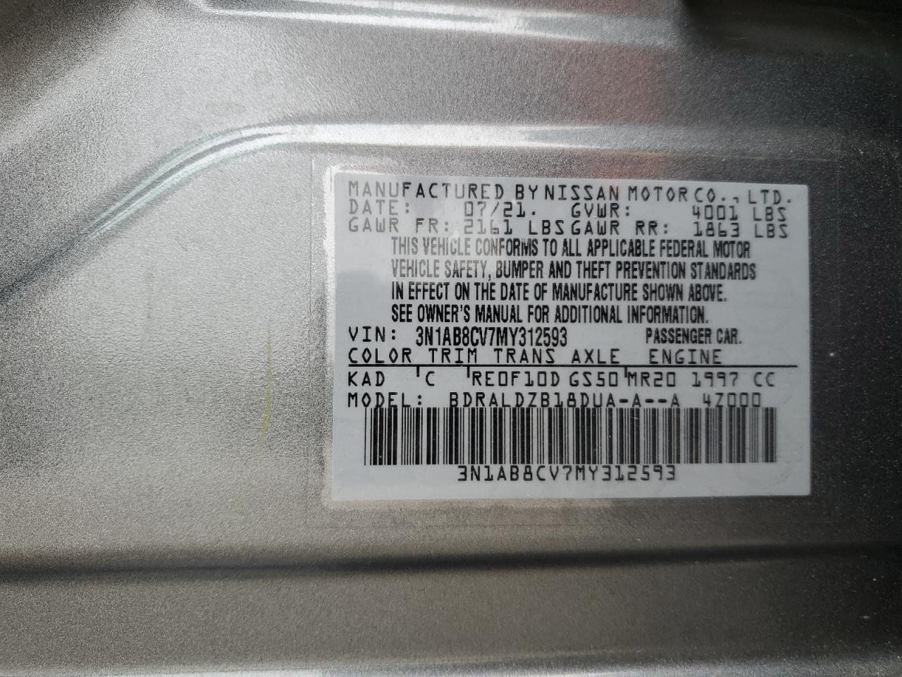 3N1AB8CV7MY312593 2021 Nissan Sentra Sv