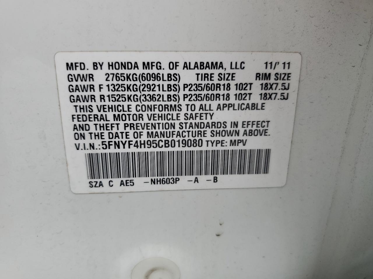 5FNYF4H95CB019080 2012 Honda Pilot Touring