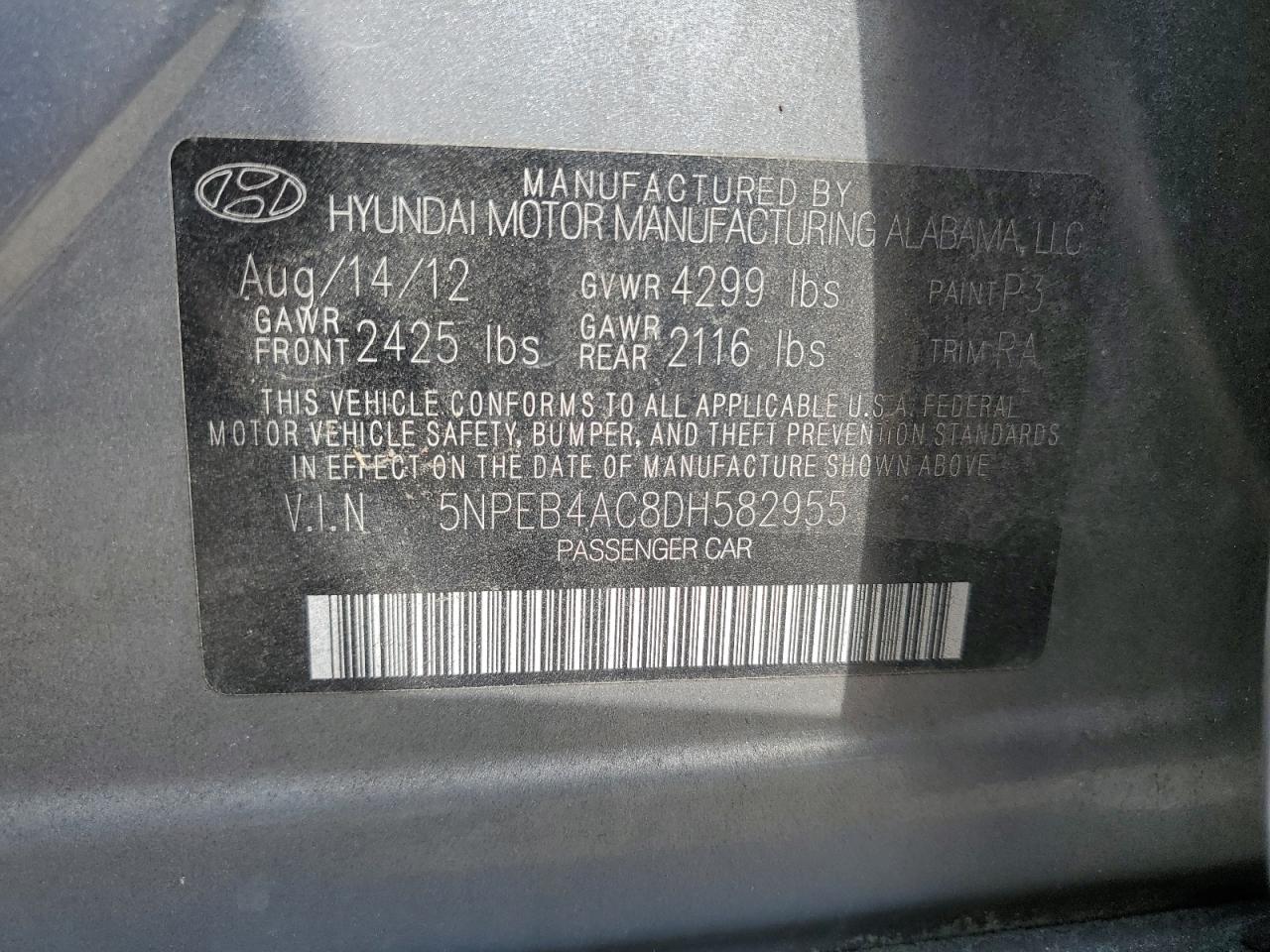 5NPEB4AC8DH582955 2013 Hyundai Sonata Gls