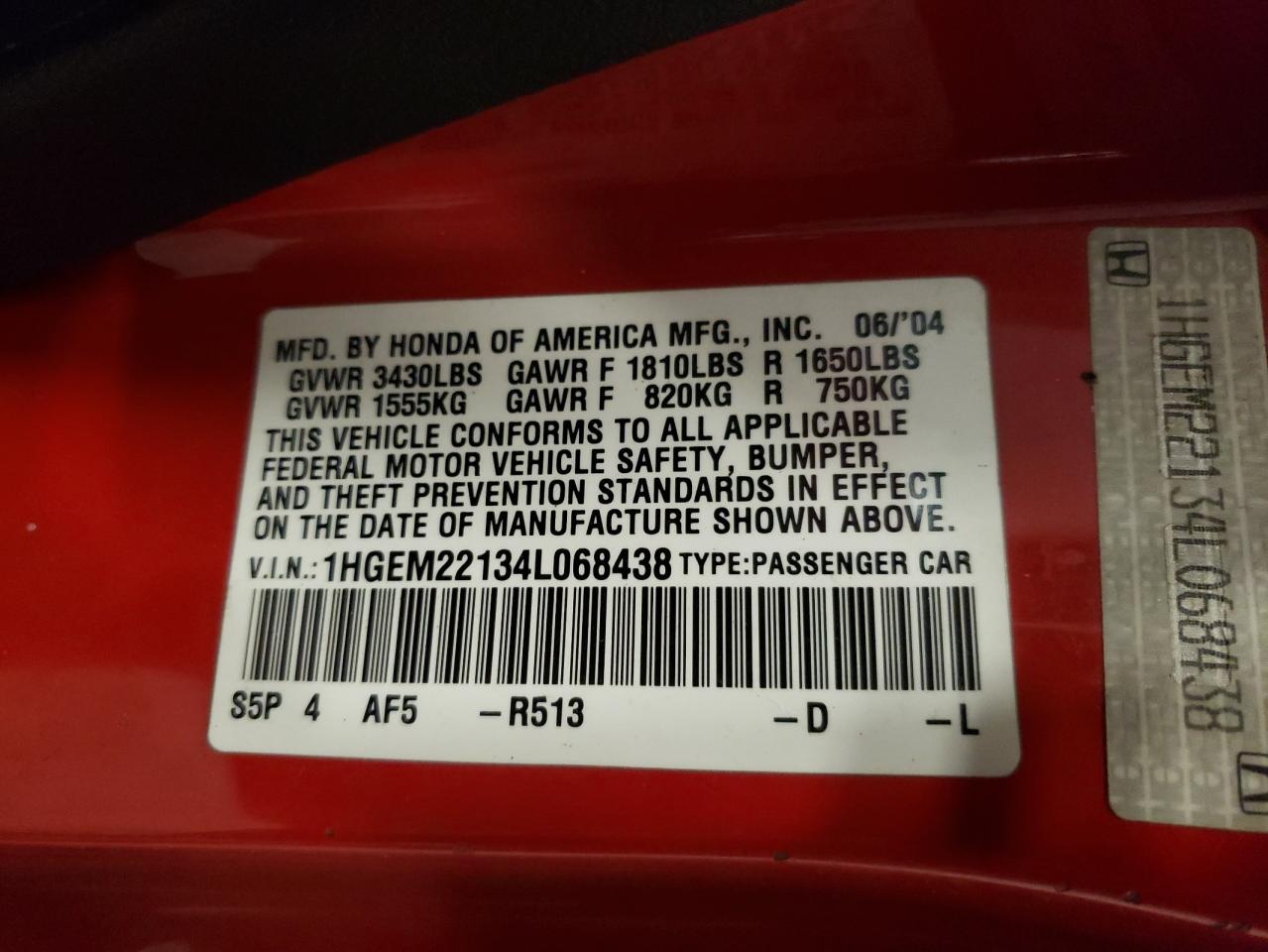 1HGEM22134L068438 2004 Honda Civic Dx Vp