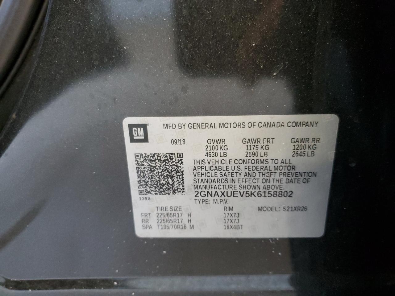 2GNAXUEV5K6158802 2019 Chevrolet Equinox Lt