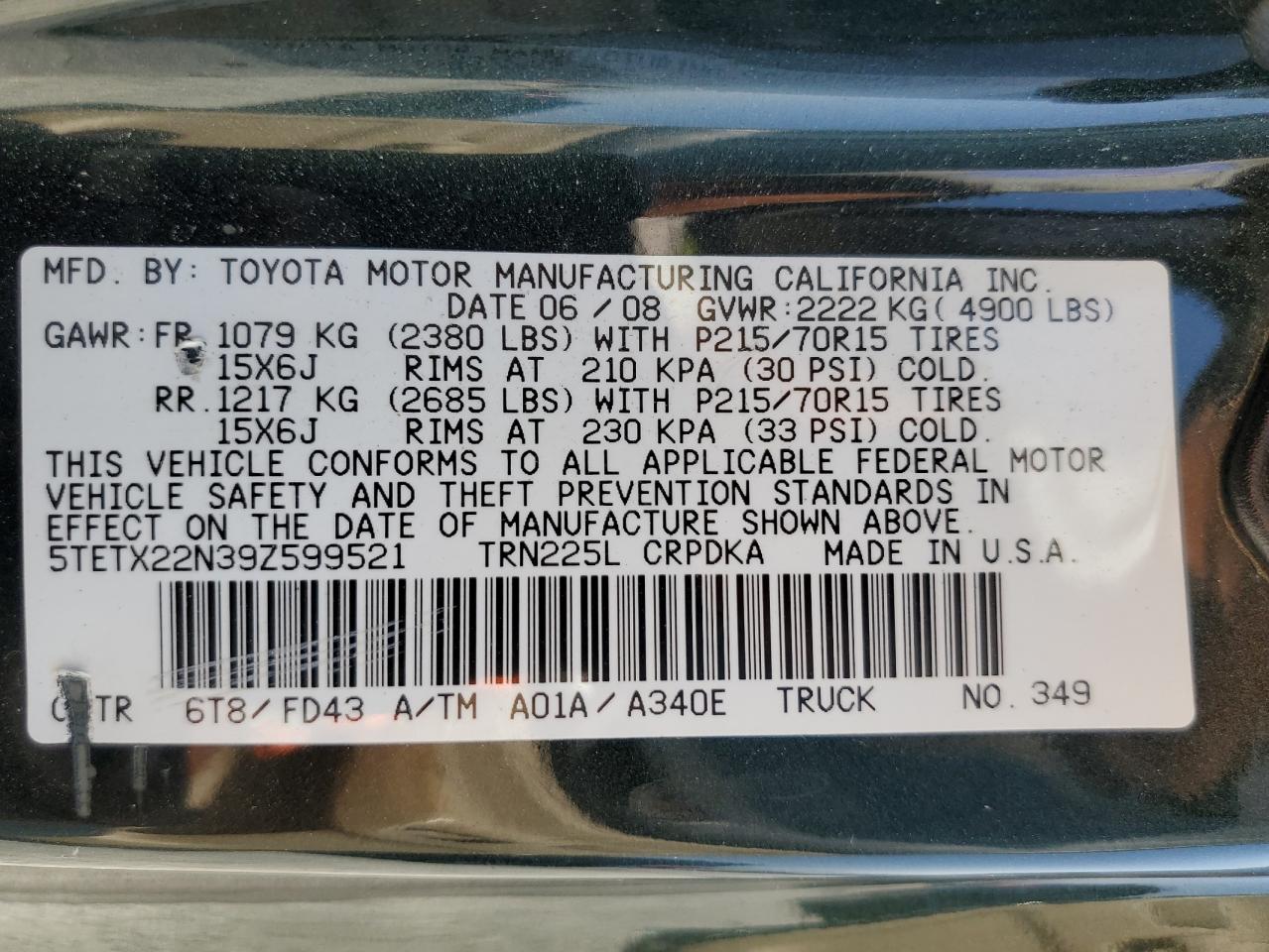 5TETX22N39Z599521 2009 Toyota Tacoma Access Cab