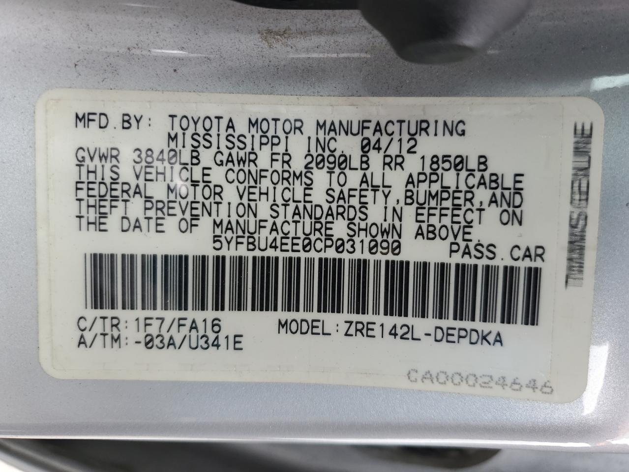 5YFBU4EE0CP031090 2012 Toyota Corolla Base