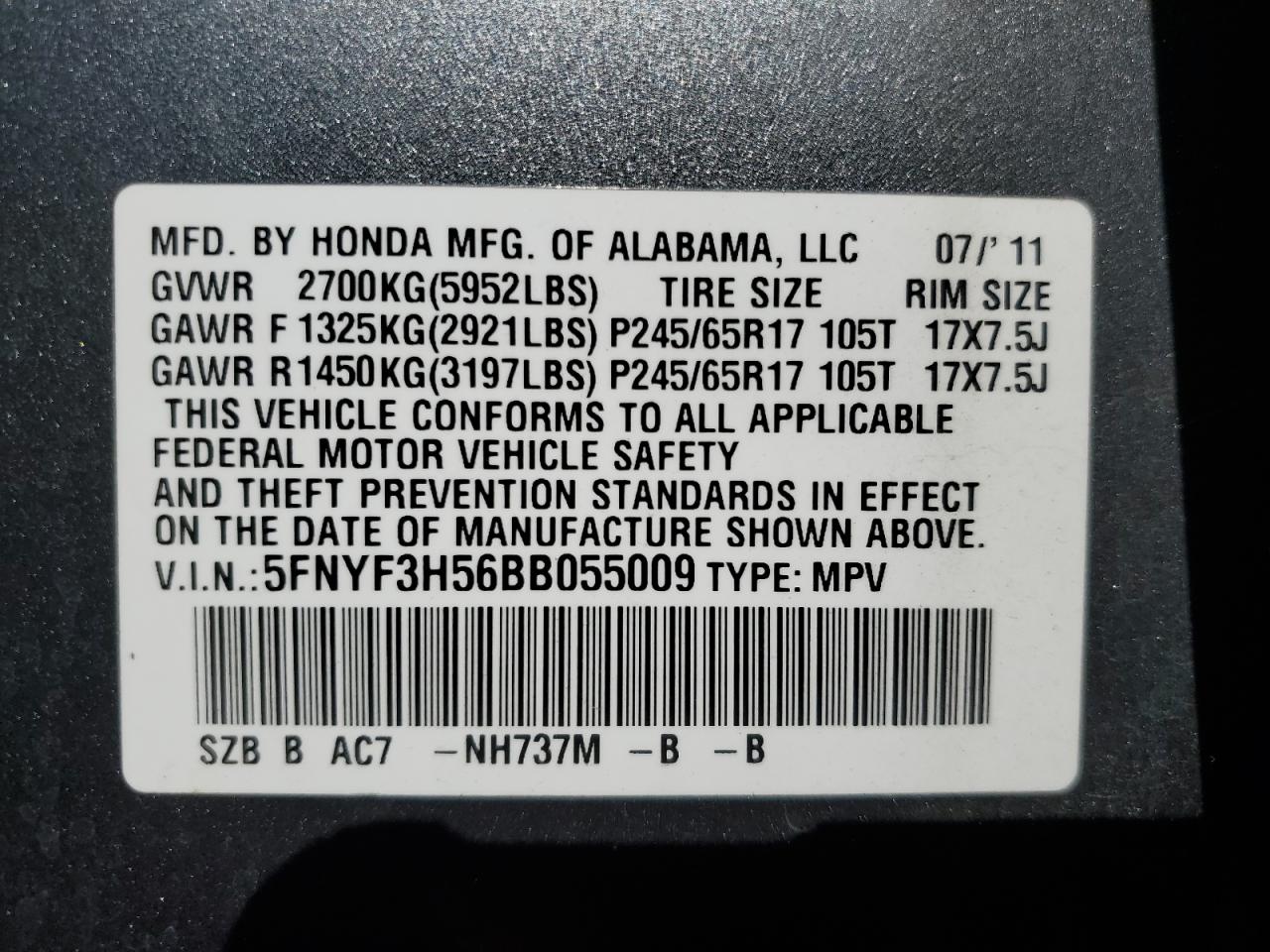 5FNYF3H56BB055009 2011 Honda Pilot Exl