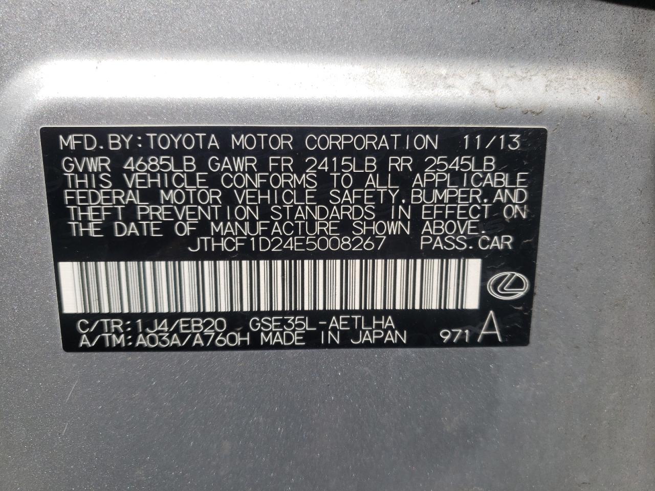 JTHCF1D24E5008267 2014 Lexus Is 250