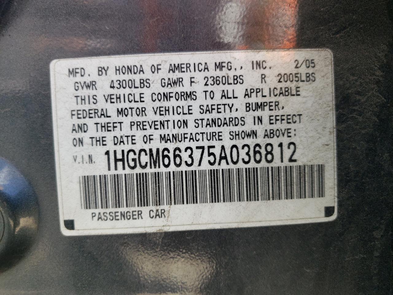 1HGCM66375A036812 2005 Honda Accord Lx