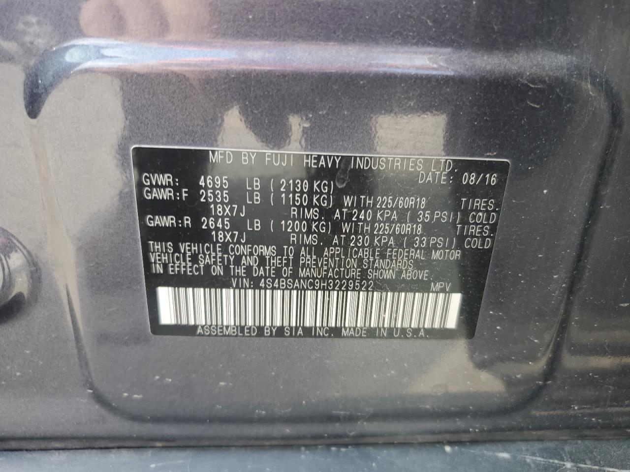 4S4BSANC9H3229522 2017 Subaru Outback 2.5I Limited