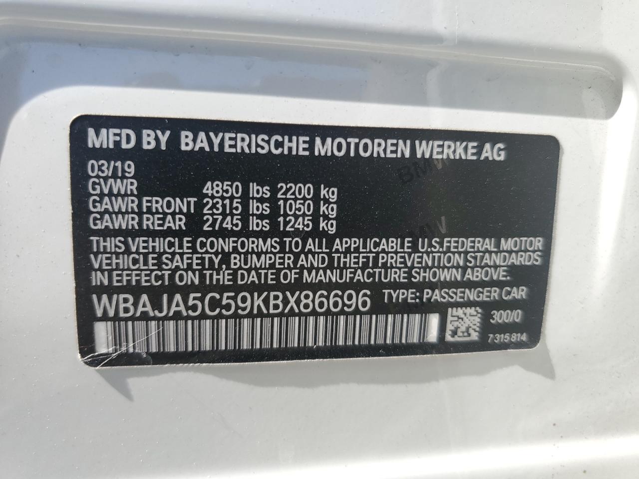 WBAJA5C59KBX86696 2019 BMW 530 I