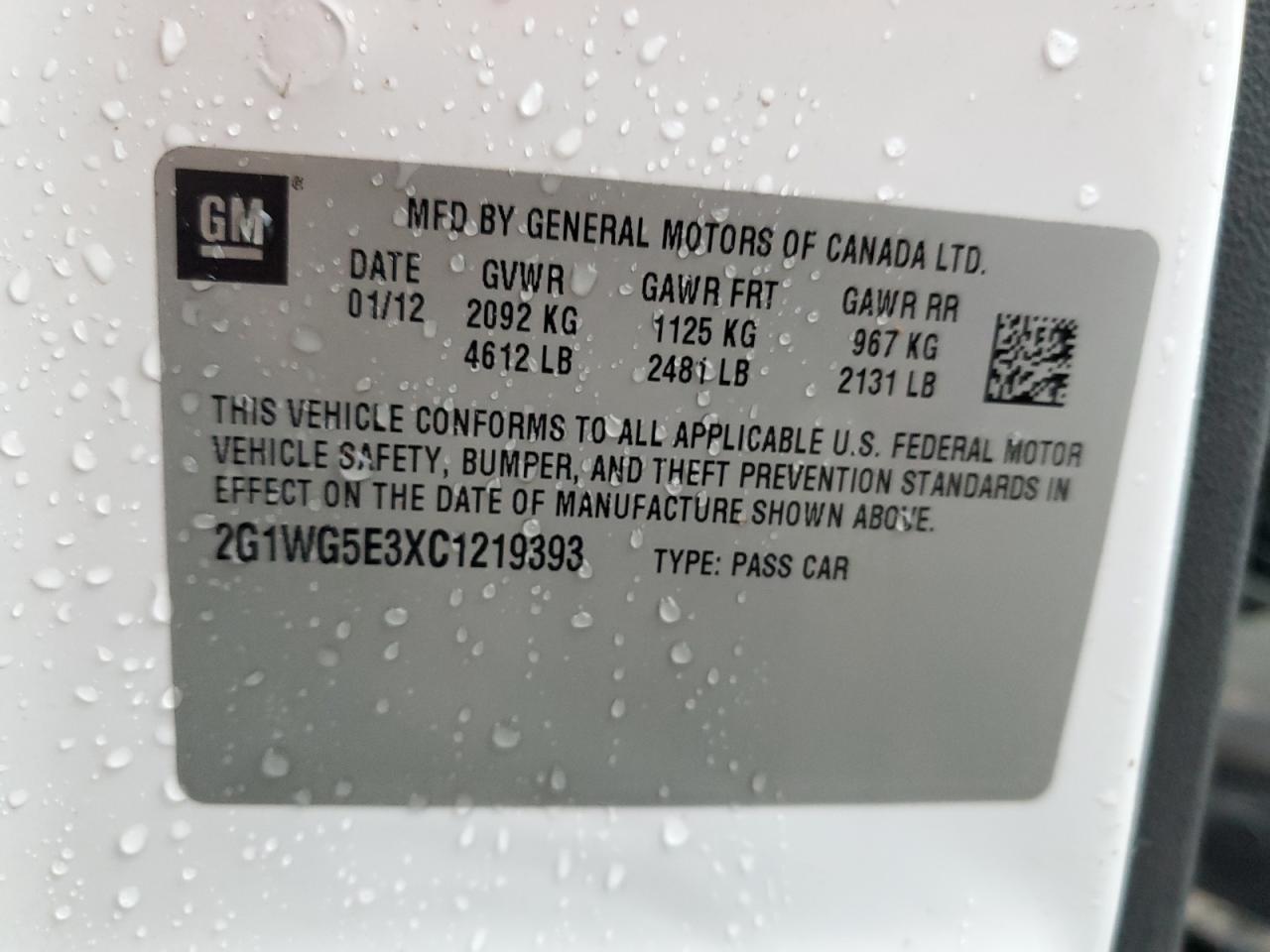 2G1WG5E3XC1219393 2012 Chevrolet Impala Lt