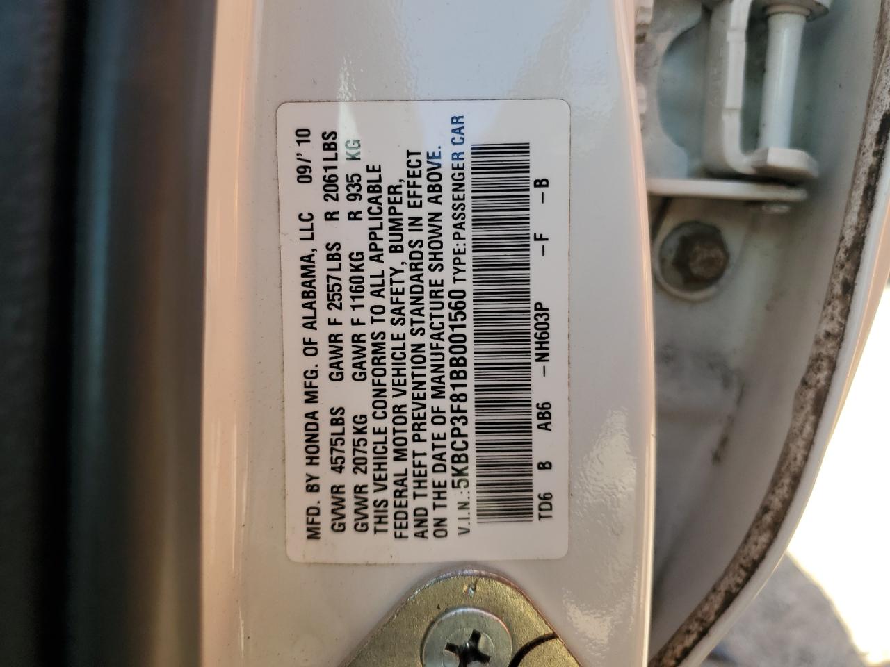 5KBCP3F81BB001560 2011 Honda Accord Exl