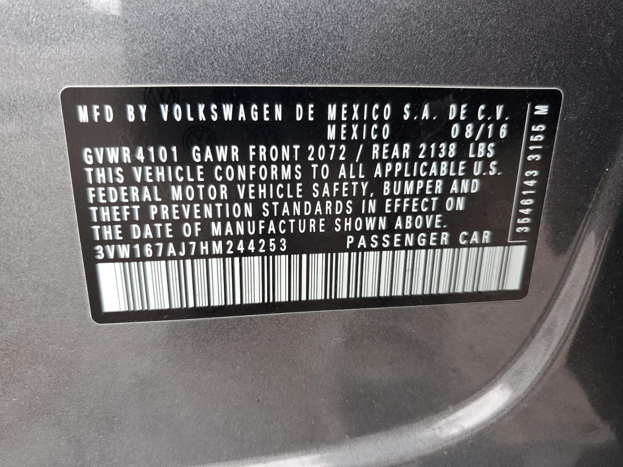 3VW167AJ7HM244253 2017 Volkswagen Jetta S