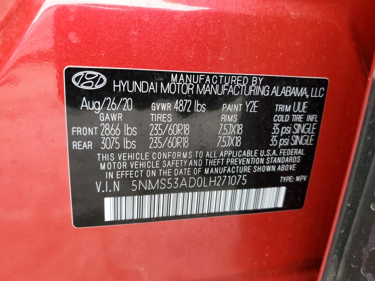 5NMS53AD0LH271075 2020 Hyundai Santa Fe Limited