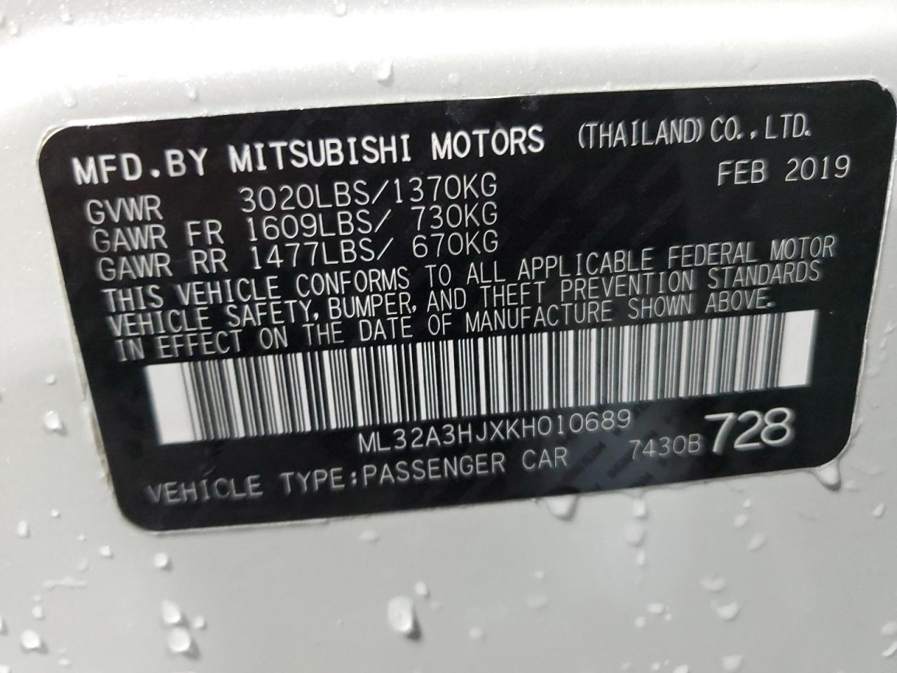 ML32A3HJXKH010689 2019 Mitsubishi Mirage Es