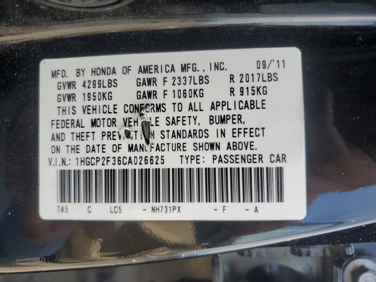 1HGCP2F36CA026625 2012 Honda Accord Lx