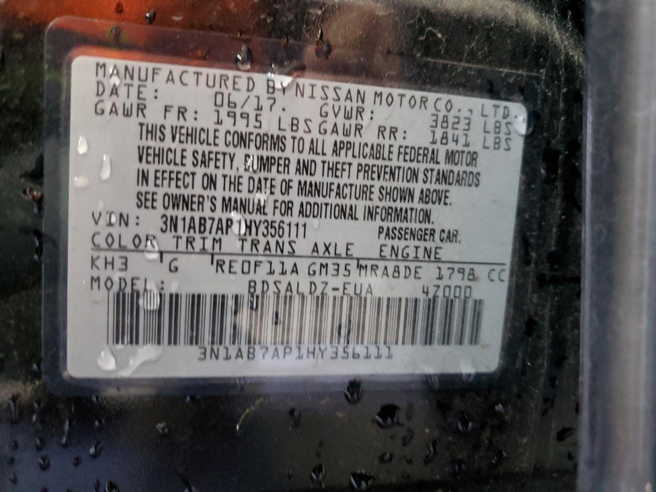 3N1AB7AP1HY356111 2017 Nissan Sentra S