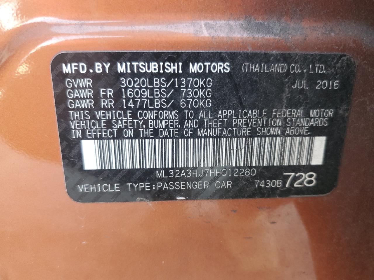 2017 Mitsubishi Mirage Es vin: ML32A3HJ7HH012280