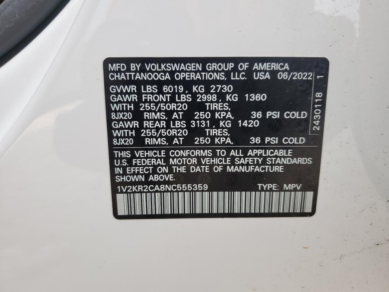 1V2KR2CA8NC555359 2022 Volkswagen Atlas Se