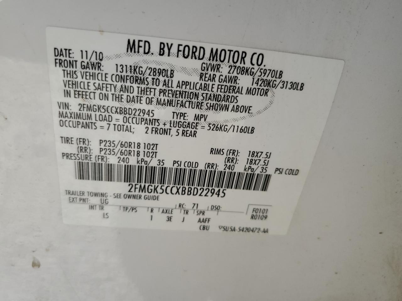 2FMGK5CCXBBD22945 2011 Ford Flex Sel