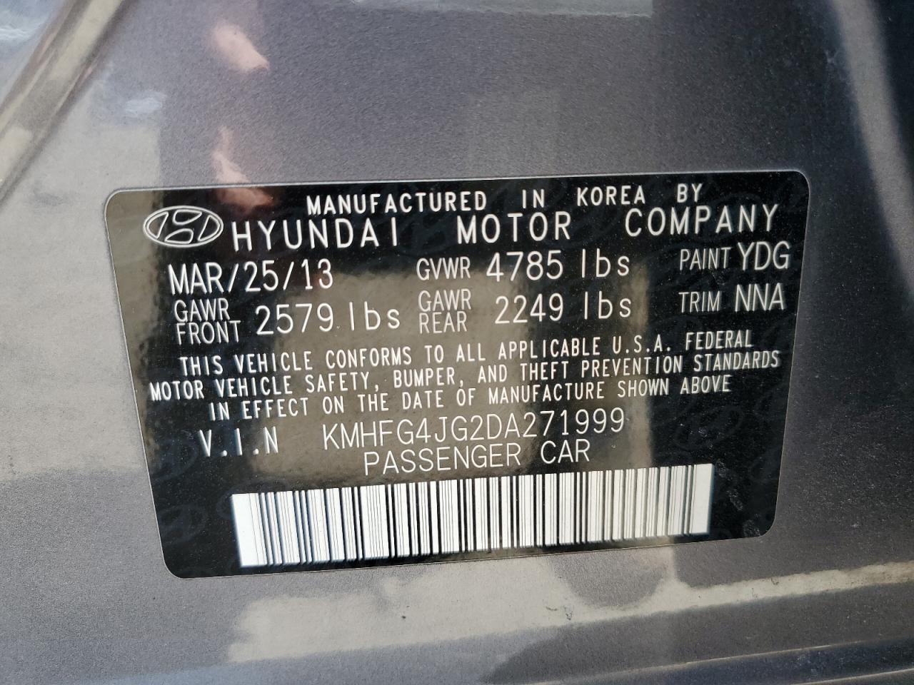 KMHFG4JG2DA271999 2013 Hyundai Azera