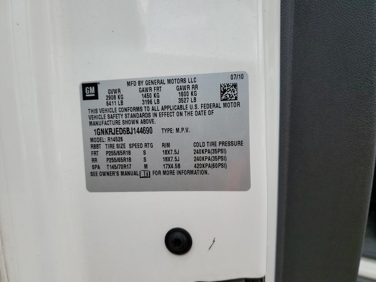 1GNKRJED6BJ144690 2011 Chevrolet Traverse Lt