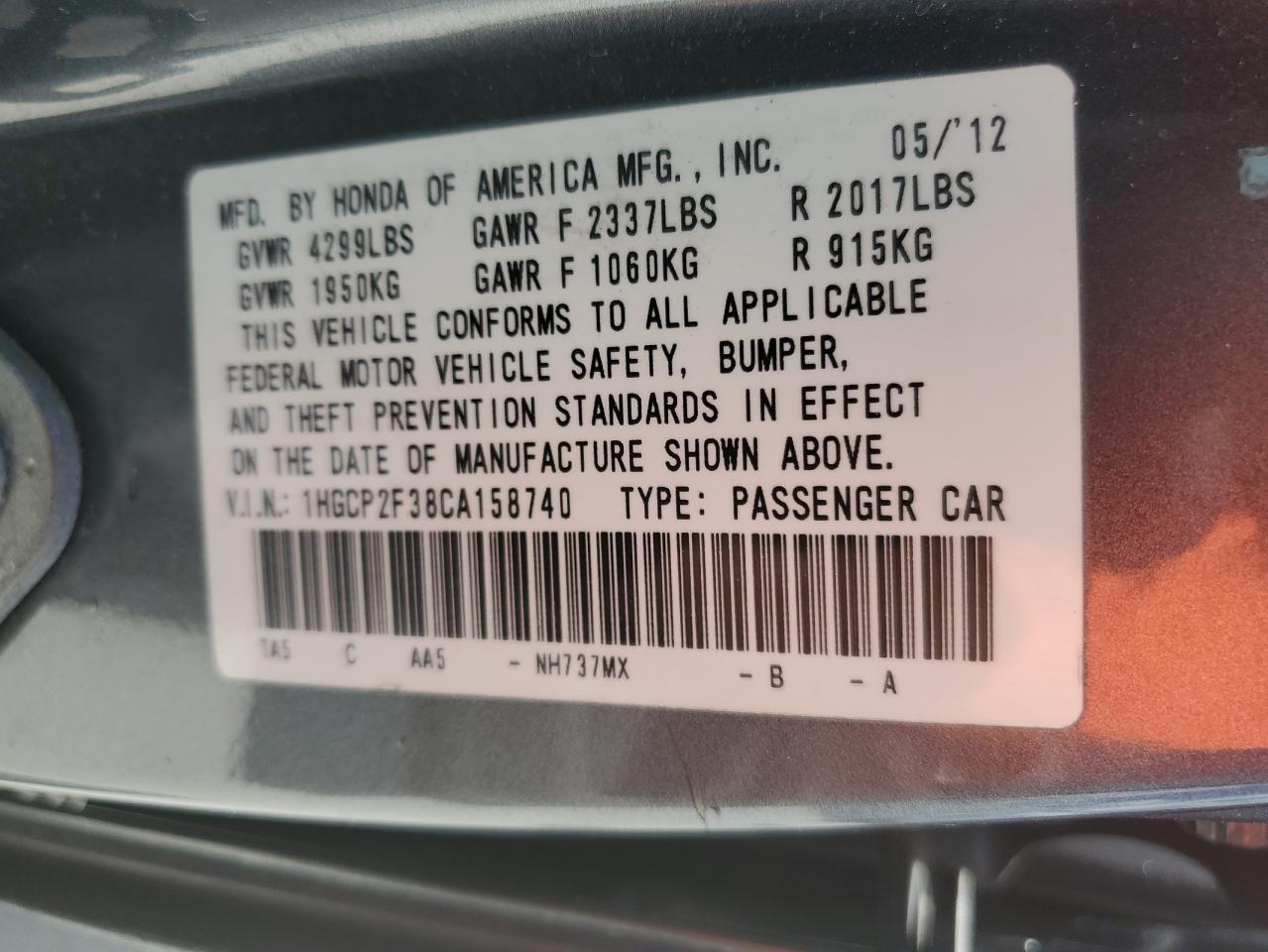 1HGCP2F38CA158740 2012 Honda Accord Lx