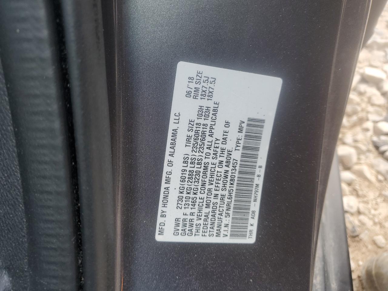 5FNRL6H51KB013457 2019 Honda Odyssey Ex