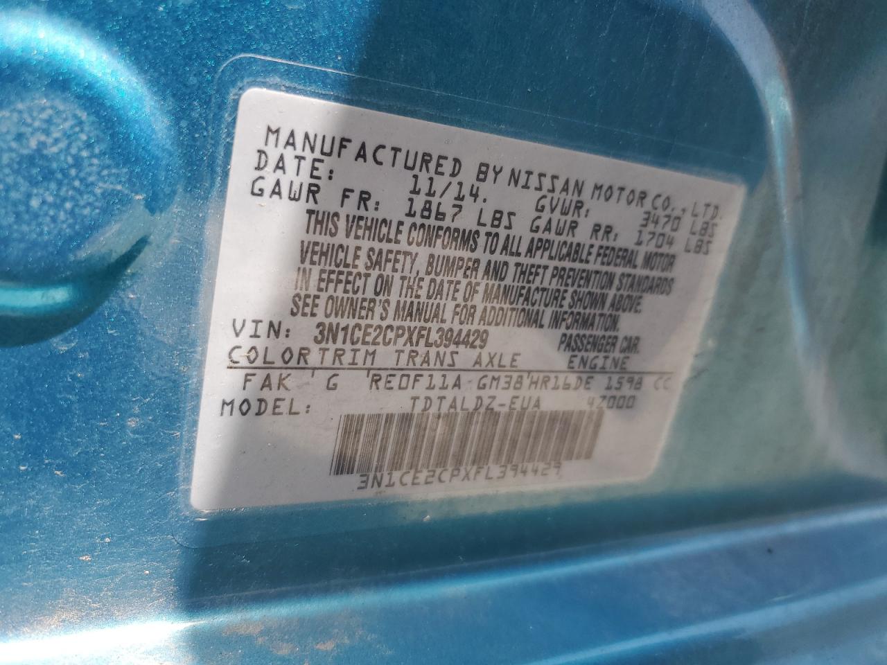 3N1CE2CPXFL394429 2015 Nissan Versa Note S