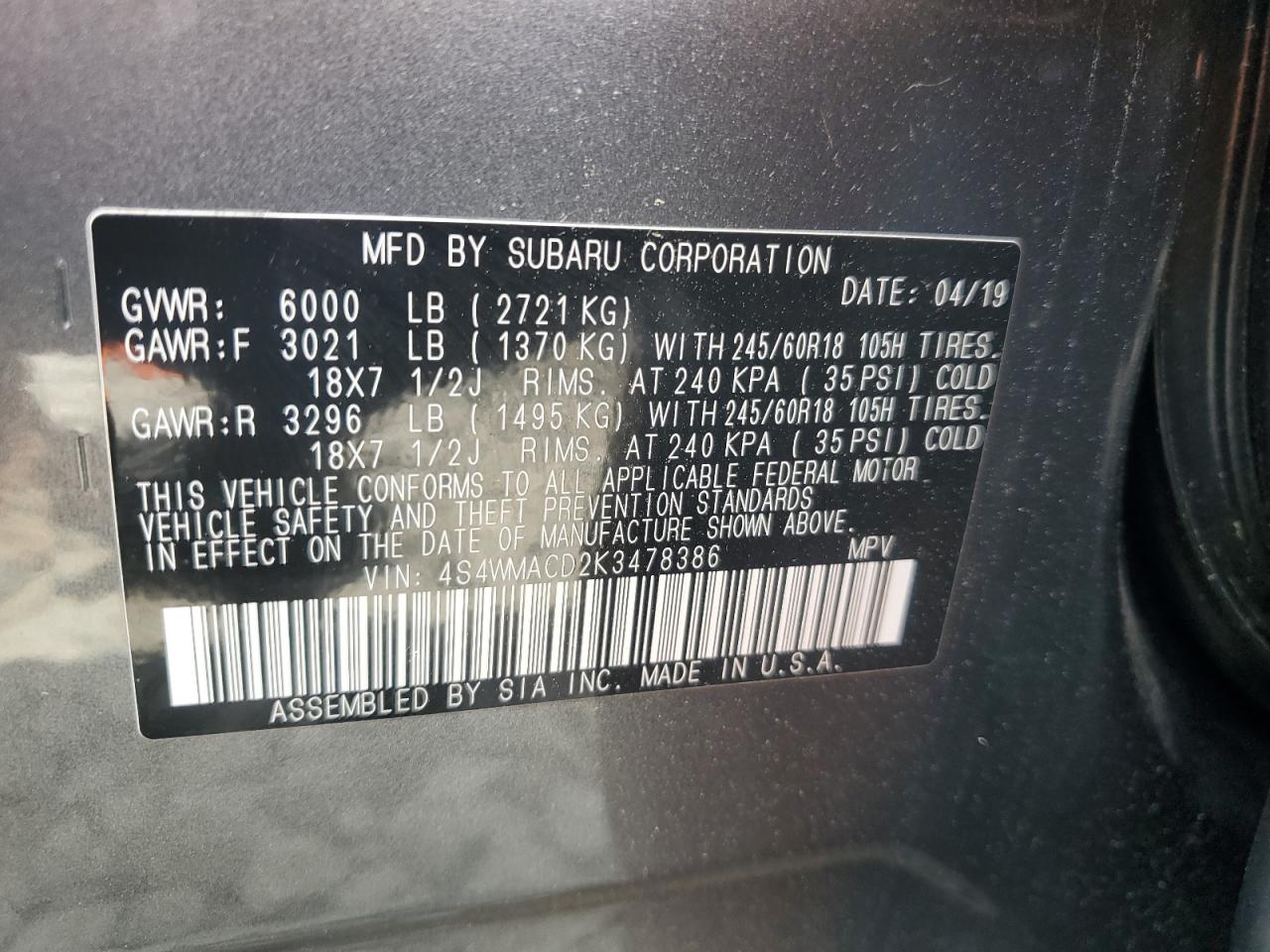 4S4WMACD2K3478386 2019 Subaru Ascent Premium