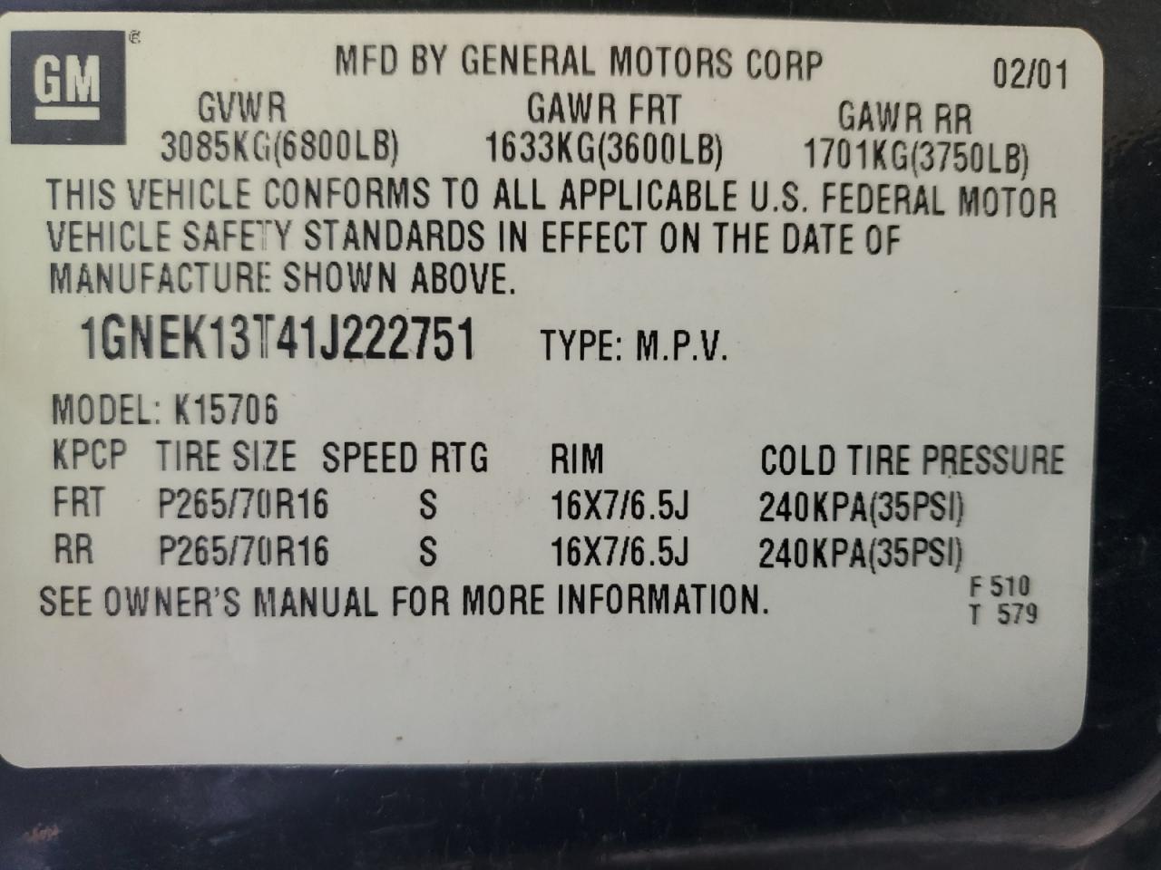 1GNEK13T41J222751 2001 Chevrolet Tahoe K1500