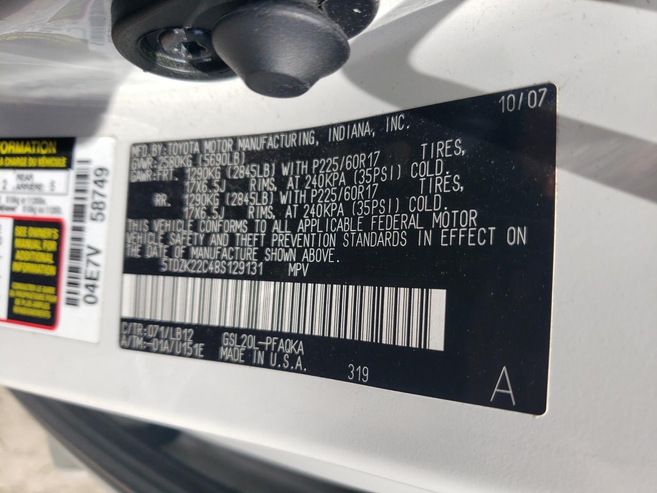 5TDZK22C48S129131 2008 Toyota Sienna Xle