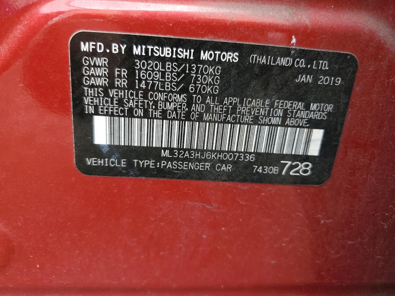 ML32A3HJ6KH007336 2019 Mitsubishi Mirage Es